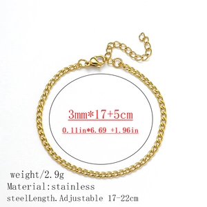 Detail view of 3mm gold stainless steel Cuban chain bracelet with 17-22cm adjustable length