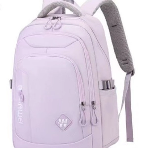 Large lavender school backpack for students with multiple zipper compartments and buckles