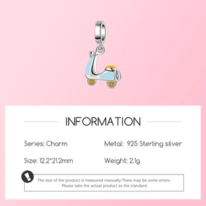 Detailed specs of a 925 sterling silver light blue scooter charm 12.2x21.2mm