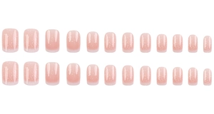 Flat lay of 24 pieces pink gradient press-on nails with silver glitter details