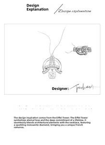 Croquis détaillé du pendentif Tour Eiffel en argent S925 serti d'une moissanite