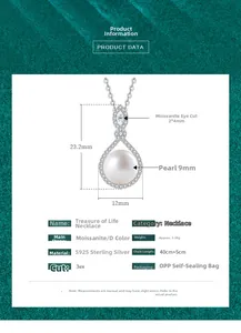 Detailed specs of S925 silver necklace with 9mm pearl and marquise moissanite pendant