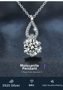 Macro shot of S925 silver moissanite pendant with classic six-prong setting and pavé detail
