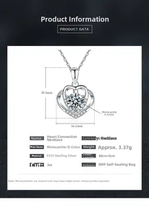 Detail showing S925 sterling silver heart pendant dimensions and 6.5mm moissanite specs