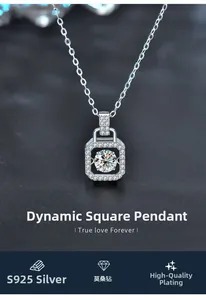 Macro shot of S925 sterling silver square pendant featuring a dancing moissanite stone