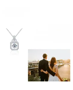 Macro detail of moissanite square pendant in S925 sterling silver with dainty cross chain