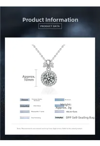 Detailed specs of S925 silver moissanite perfume bottle necklace with dimension labels