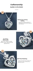 Gros plan du pendentif cœur en moissanite avec serti à 4 griffes et finition argent poli