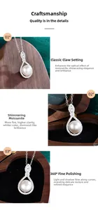 Macro view of water drop pearl pendant with moissanite prong setting and silver finish