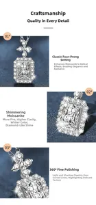 Dettaglio del ciondolo in moissanite taglio radiant con castone a 4 griffe e contromaglia