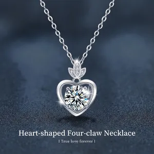 Collier Cœur en Argent Sterling 925 pour Femme Moissanite Élégante Sertissage à Quatre Griffes Pendentif Feuille Bijoux