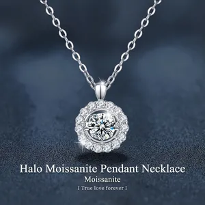Collier Pendentif Cœur en Argent Sterling 925 Moissanite Pierre Dansante Chaîne de Clavicule Strass Halo Rond Bijoux pour Femmes