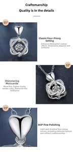 Macro view of polished S925 silver double heart necklace with a round moissanite stone