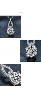 Macro detail of six-prong moissanite pendant with S925 silver chain on blue background