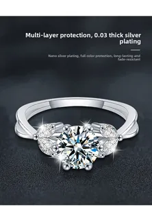Macro anello in moissanite da 1 carato con pietre a foglia e placcatura in argento