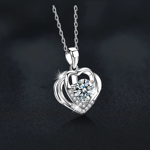 Moissanite double heart pendant necklace in S925 sterling silver with a round center stone