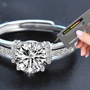 S925 sterling silver moissanite ring featuring a round cut center stone and adjustable band