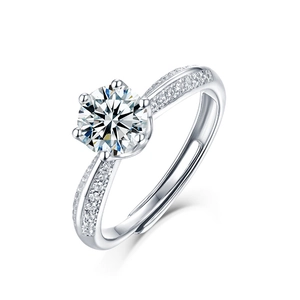 Klassischer S925 Silber Moissanit Ring mit Sechs-Krallen-Fassung und verstellbarem Band