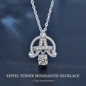 Collier Pendentif Tour Eiffel en Argent Sterling 925 pour Femme Élégant Moissanite Incrusté Bijoux de Luxe Pavé