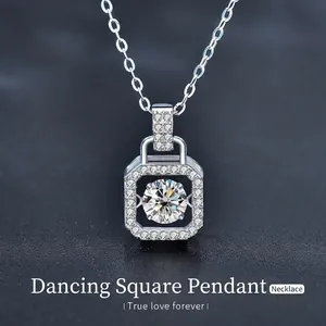 S925 Sterling Silver Dancing Moissanite Square Pendant Necklace For Women 1 Carat Round Moissanite Pave Rhinestone Clavicle Chain