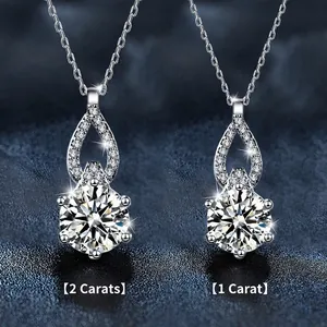 S925 silver moissanite necklaces comparing 1 carat and 2 carat six-prong pendants