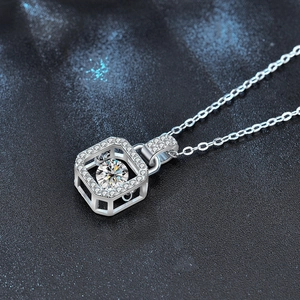 S925 sterling silver square necklace with dancing moissanite pendant on black background