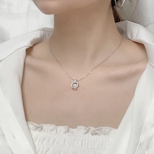 Moissanite S925 sterling silver square dancing stone pendant necklace on female neck