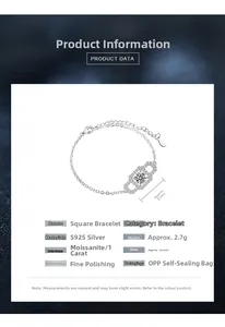 Détails du bracelet carré en argent S925 avec spécifications de la moissanite 1ct