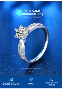 Detail of 1ct moissanite ring with classic six-prong setting and S925 silver band