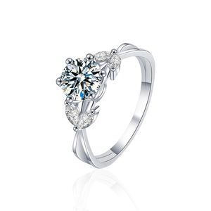 Anello in argento S925 con moissanite da 1ct, petali di fiori e fascia intrecciata