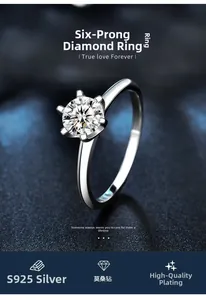 Close-up of classic six-prong S925 sterling silver ring with a brilliant moissanite stone