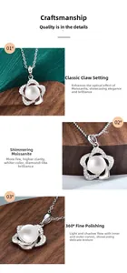 Détail macro du pendentif fleur en argent S925 avec moissanite et perle d'eau douce