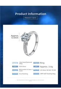 Detail view of 1ct D-color moissanite ring in S925 sterling silver with size specifications