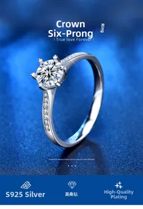 Macro detail of crown six-prong moissanite setting and S925 sterling silver band