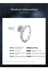 Vista dettagliata delle specifiche dell'anello in moissanite argento 925 e incastonatura