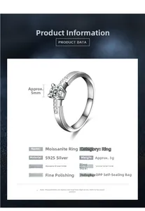 Moissanite D color 0.5ct ring in S925 silver with detailed product technical specifications