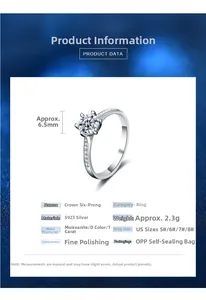 Detailed size chart for S925 silver crown ring featuring a 1ct Moissanite stone