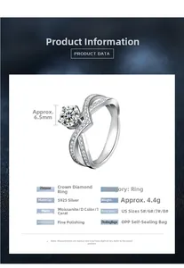 Detailed spec sheet for S925 silver crown ring with 1ct moissanite and double-band design