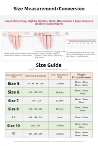 Ring size chart for Moissanite silver crown rings showing US sizes 5-11 and measurements