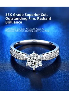 Detail of 3EX cut moissanite ring with 58 facets and sparkling heart and arrow effect