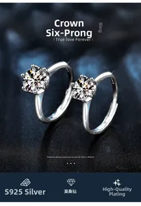 Macro detail of crown six-prong setting Moissanite diamond in S925 sterling silver rings
