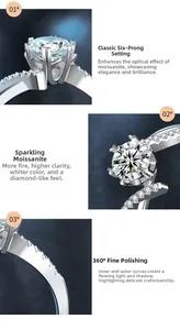 Détail macro d'une bague moissanite à six griffes avec diamants latéraux et fini argent