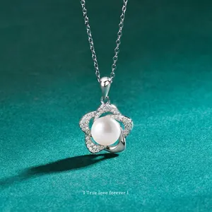 Collier Pendentif Fleur en Moissanite en Argent Sterling 925 Pour Femmes Collier Perle d'Eau Douce Véritable Bijoux