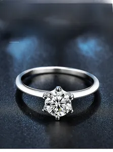 Macro detail of 3EX cut moissanite ring with 58 facets on silver six-prong setting