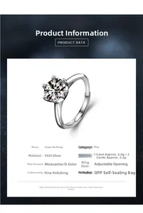 Detail view of crown six-prong S925 silver ring with 1 carat moissanite and product data