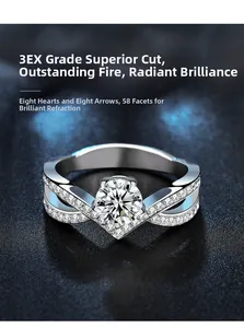 Macro detail of silver ring featuring 3EX cut stone and dual-row pave-set v-shaped band