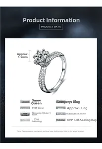 Detailed view of 1ct moissanite crown ring with S925 silver specs and size dimensions