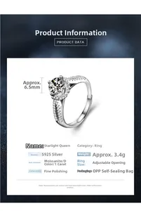 Dati dettagliati del prodotto anello in argento S925 e moissanite 1ct, fascia regolabile