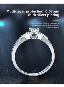 Detail of 0.03mm silver plated ring featuring a 4-prong moissanite setting and side stones