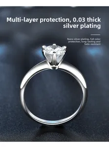 Detailed view of 6-prong moissanite ring with polished silver finish and secure crown setting